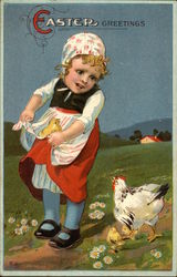 Easter Greeting with Little Girl, Hen and Chicks Postcard