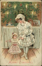 Merry Christmas with Tree, Girl and Her Doll Children Postcard Postcard