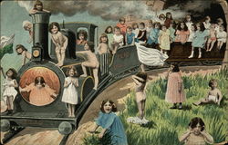 Babies on Train Postcard