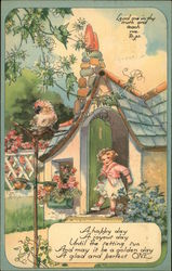 A small girl standing outside a house Birthday Postcard Postcard