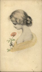 Girl in Yellow Dress Smelling a Pink Rose Women Postcard Postcard