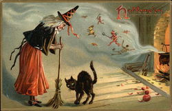 Halloween - Witch and Black Cat Postcard Postcard