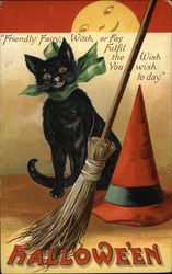 Halloween with Black Cat, Broom, and Witch Hat Postcard