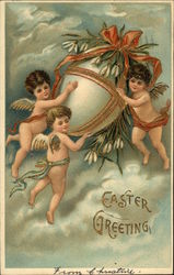 Easter Greeting with Three Angels Carrying Decorated Egg With Angels Postcard Postcard