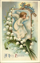 A Holy Easter with Angel, Cross, and Lily of the Valley With Angels Postcard Postcard