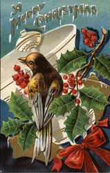 A Merry Christmas with Bird on Holly Postcard Postcard