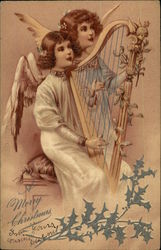 A Merry Christmas with Two Angels Playing Harp Postcard Postcard