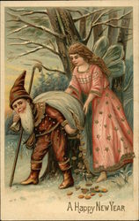 A Happy New Year - Angel with Elf Postcard