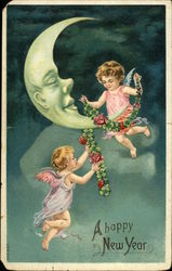 Happy New Year - Moon and Cherubs Angels & Cherubs Postcard Postcard