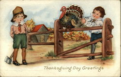 Two Little Boys and a Turkey in Rural Setting Children Postcard Postcard