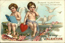 To My Valentine with Two Cherubs and White Doves Postcard