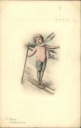 A Girl skiing - A Merry Christmas Children Postcard Postcard