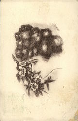 Drawing of Woman Sniffing Bouquet of Flowers Women Postcard Postcard