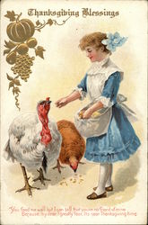 Thanksgiving Blessings with Girl in Blue Feeding Turkeys Postcard Postcard