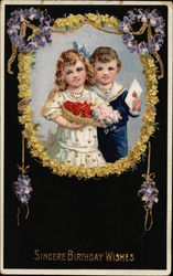 Sincere Birthday Wishes with Boy & Girl and Floral Wreath Postcard