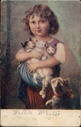 Little Girl Holding Three Kittens Postcard