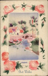 Pretty Scene with Bridge, Babbling Brook, and Roses Postcard