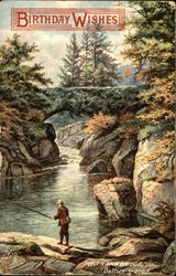 Birthday Wishes, a man catching fish under Pont-y-Pair Bridge Postcard