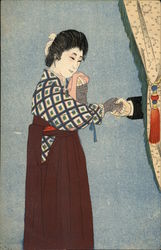 Japanese Lady Shakes Hand Of Man Hidden By Curtain Postcard Postcard