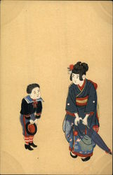 Painting: Japanese Woman and Boy Greet Postcard