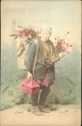 Asian Woman Carrying Flowers and Bundle Postcard Postcard