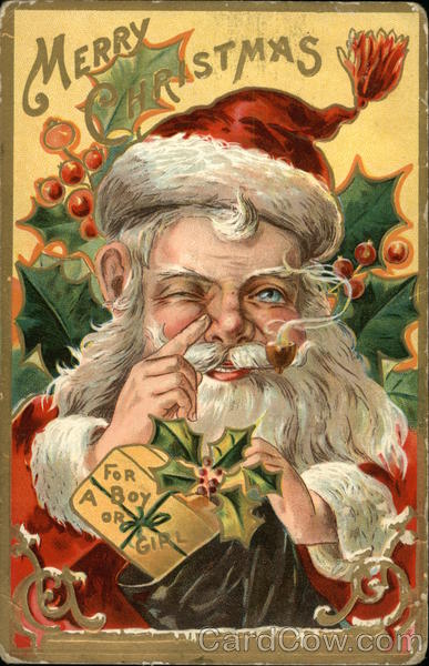 Santa smoking a pipe with finger on his nose Santa Claus