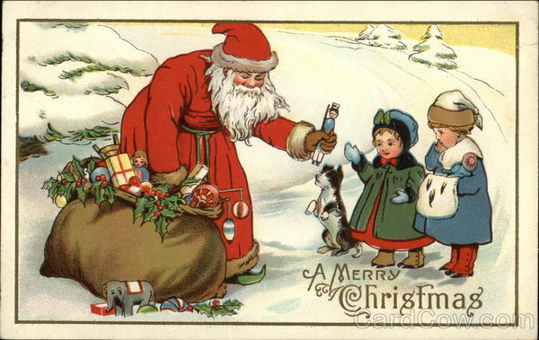 Santa giving presents to two children and a dog Santa Claus