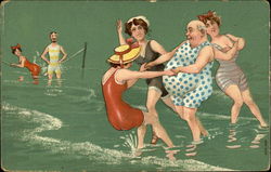 Three Young Ladies Dancing with a Old Fat Man in Sea Water Swimsuits & Pinup Postcard Postcard