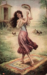 Gypsy Girl Dancing on Rug, Playing Tambourine Postcard