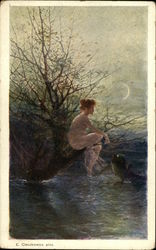 Naked Fairy Girl In Tree Overlooking Water Postcard