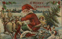 Santa Delivering Presents and Tree in Sleigh Pulled by Reindeer Santa Claus Postcard Postcard