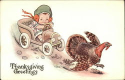 Thanksgiving Greetings with Child in Car Chasing Turkey Postcard