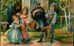 Three Children Catching Thanksgiving Turkey Turkeys Postcard Postcard