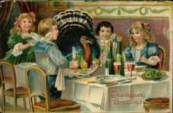 Four people sitting around table with turkey in middle Postcard