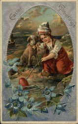 Child with lamb holding stick with egg on end of it in water With Children Postcard Postcard