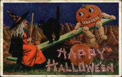 Happy Halloween with Witch, Black Cat and Jack O'Lantern Postcard