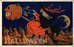 Halloween with Witch, Jack O'Lantern, and Black Cat Postcard Postcard