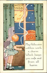 Halloween Greetings, May Halloween Witches Work a Charm Which Keeps you Safe and From all Harm Postcard Postcard