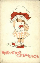 Young girl with big white hat reading a valentine card Postcard