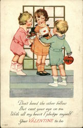 Boy in green outfit giving valentine to one of two girls Postcard