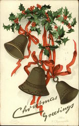 Christmas Greetings with Holly, Bells, and Red Ribbon Postcard Postcard