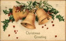 Christmas Greeting with Golden Bells and Holly Postcard Postcard