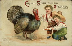 Cordial Thanksgiving Greetings with Turkey and Boys Postcard