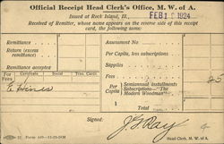 Official Receipt For Fees Paid M.W. of A Postcard