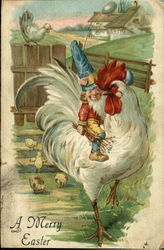 Elf Riding White Rooster on Farm With Chicks Postcard Postcard