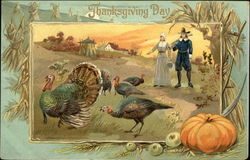 Thanksgiving Day with Turkeys and Pilgrims Postcard Postcard