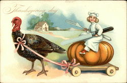 Thanksgiving day - Girl chef riding pumpkin pulled by turkey Turkeys Postcard Postcard