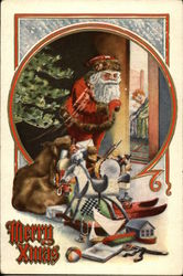 Santa peeking around door at sleeping boy Santa Claus Postcard Postcard