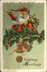 Christmas Greetings with Santa, Toys, Holly and Bells Postcard