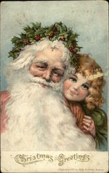 Santa With Holly Crown and Blonde Child Postcard